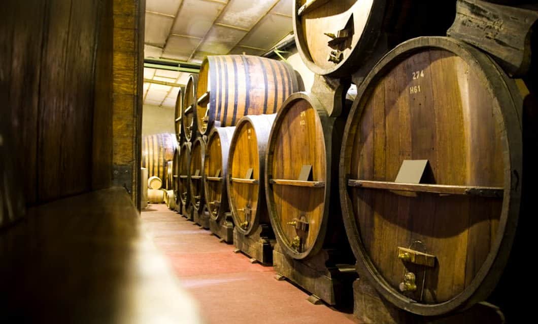 Large wooden barrels line a dimly lit cellar at Cavas Wine Lodge in Mendoza, their metal bands and spigots evoking a rustic, traditional feel. The reddish floor adds to the charm of this renowned wine lodge.