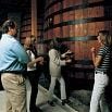 A group of people stand in front of large wooden barrels, possibly on a winery or brewery tour, enjoying a positive experience as they listen to a guide explain something about the barrels.
