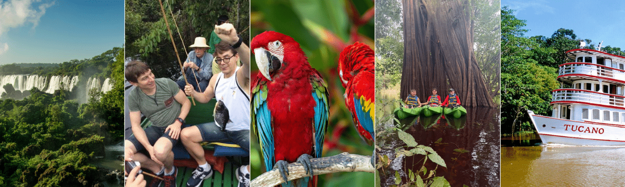 A collage shows Iguazu Falls, tourists ziplining in a forest, two colorful macaws, two people kayaking near large tree roots, and a white and red riverboat named Tucano on a jungle river.