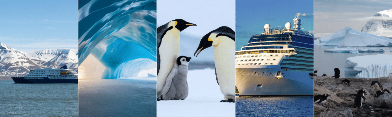 A collage showing a polar cruise ship, a blue ice cave, emperor penguins with a chick, a large modern cruise ship, and penguins on rocky Antarctic shores with floating icebergs.