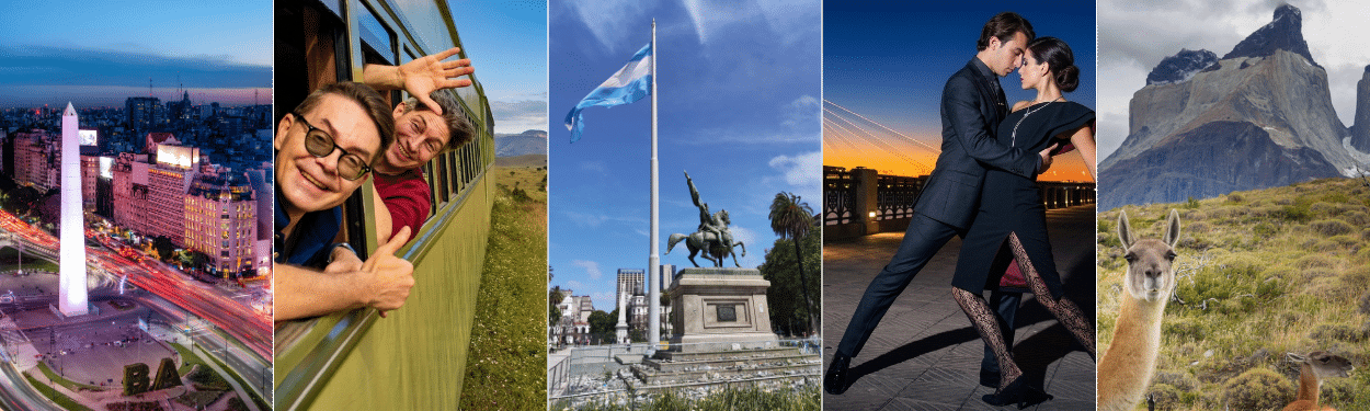 A collage showing Buenos Aires cityscape, two people waving from a train, a statue with an Argentine flag, a couple dancing tango at sunset, and a llama standing by mountains.