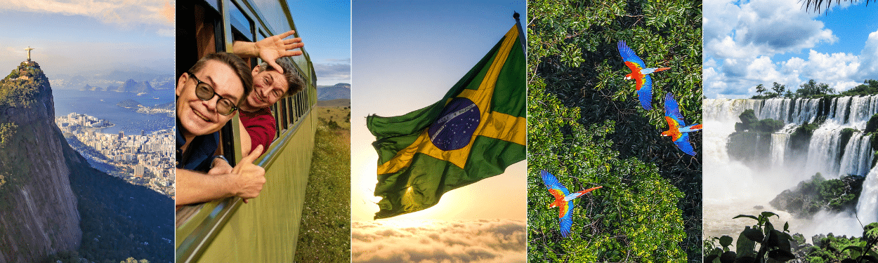 A collage showing Rio de Janeiros Christ the Redeemer, two people waving from a train, the Brazilian flag, colorful macaws flying over trees, and Iguazu Falls with water cascading down cliffs.
