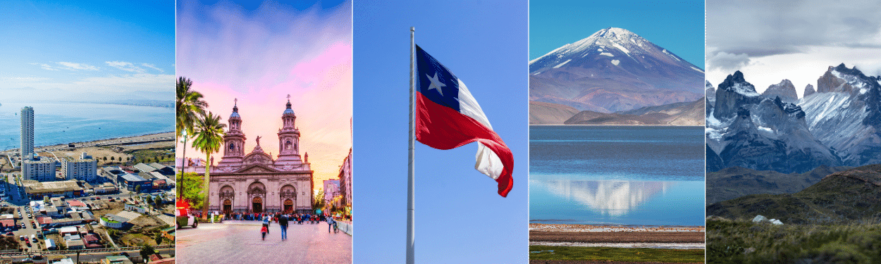 A collage of five images: a coastal city, a historic plaza with a cathedral, the Chilean flag, a snow-capped mountain by a lake, and jagged mountain peaks under a blue sky.