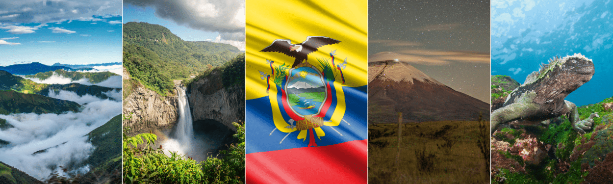 A collage featuring Ecuador’s diverse landscapes: mountains with mist, a lush waterfall, the Ecuadorian flag with a coat of arms, the Cotopaxi volcano under stars, and a marine iguana on rocky terrain.