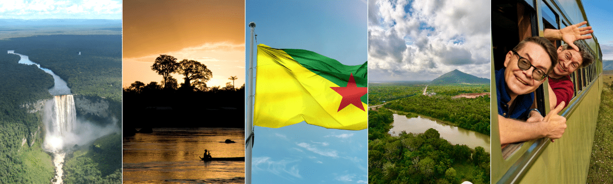 A collage featuring a tall waterfall in a forest, a sunset over a river with a boat, the flag of Acre with a red star, a lush green landscape with a river, and two people smiling and waving from a train window.