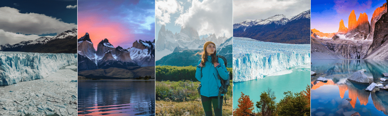 A collage of Patagonian landscapes: glaciers, jagged mountains, colorful skies, a hiker in outdoor gear, turquoise lakes, and snow-capped peaks reflecting in clear water.