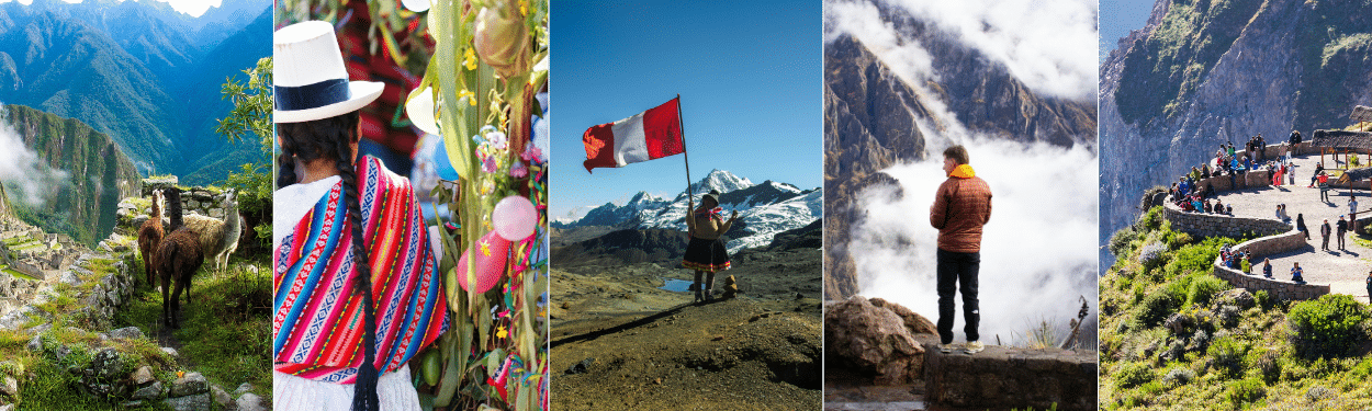 A collage with five scenes: llamas near ancient ruins, a person in traditional colorful attire, a person waving a red flag on a mountain, someone looking at snow-covered peaks, and tourists gathered at a scenic overlook.