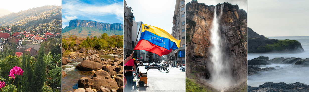 A collage showing a mountain town, a rocky river with a flat-topped mountain, a person waving the Venezuelan flag in a city, a tall waterfall, and waves crashing on a rocky coast.