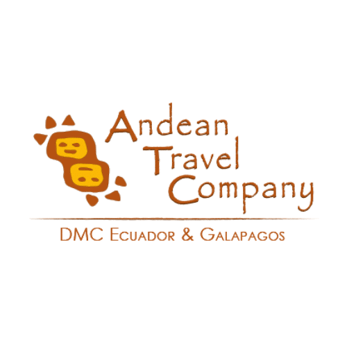 Logo for Andean Travel Company featuring two yellow stylized sun faces on the left and the company name in brown handwritten text. Below, it says DMC Ecuador & Galapagos in orange and brown text.