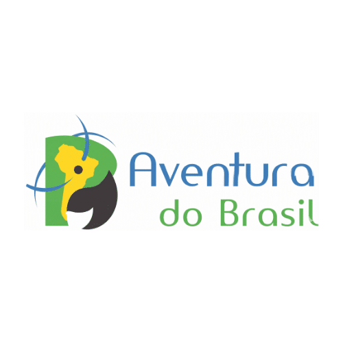 Logo for Aventura do Brasil featuring a yellow map of Brazil, a stylized globe, and a black and white yin-yang symbol, with the text in blue and green.