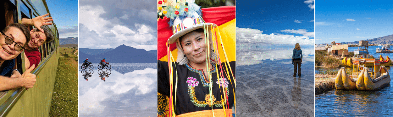 A collage showing: people waving from a bus, cyclists riding on a reflective surface, a woman in traditional attire, a person walking on a salt flat, and reed boats by a lakeside village.