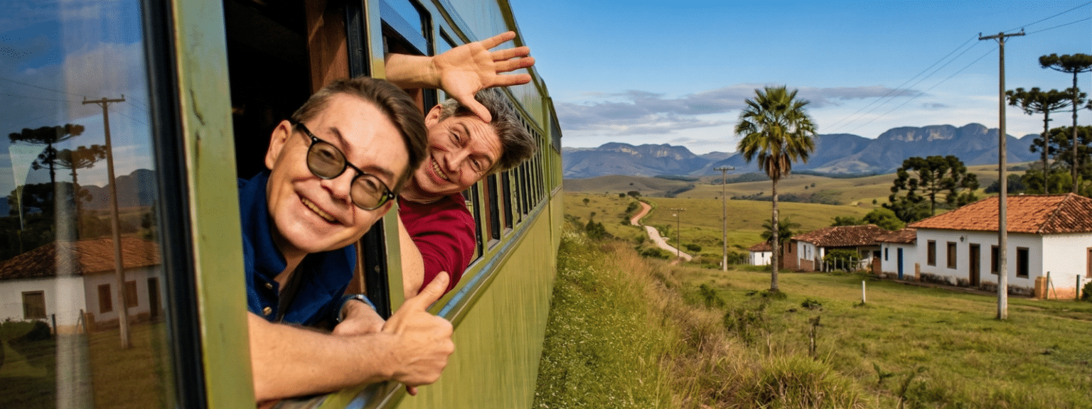 Brad and Juergen, owners of SouthAmerica.travel, lean out the window of a green train, waving and giving a thumbs up as they enjoy South America travel through a scenic rural landscape dotted with houses, palm trees, mountains, and a winding dirt road.