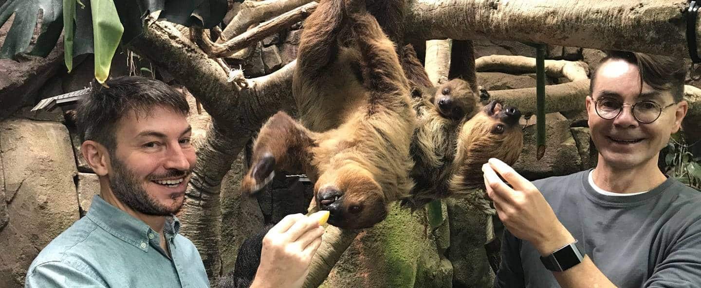 Brad Nehring and Juergen Keller, founders of SouthAmerica.travel, with a Sloth.
