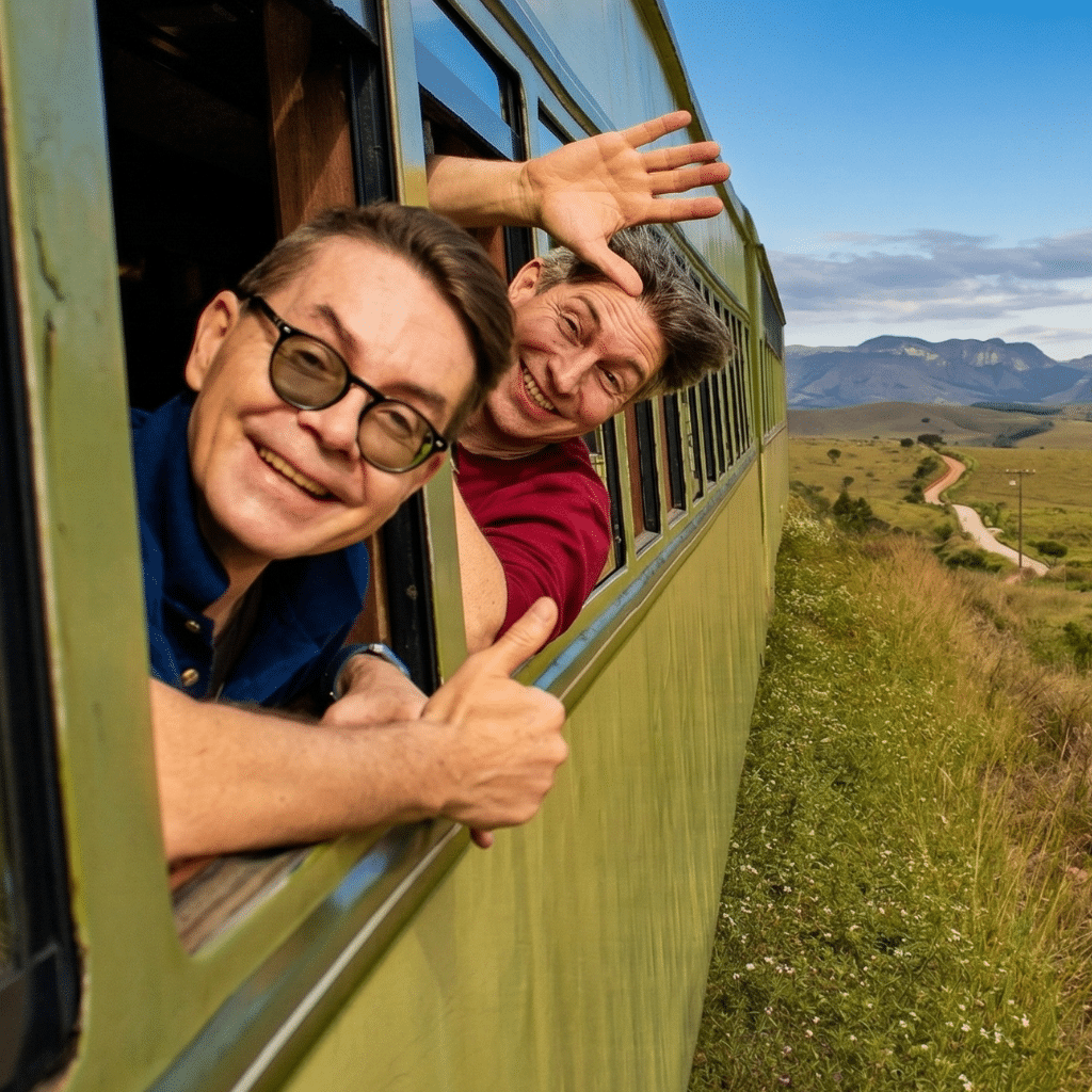 Two smiling men lean out of a green train window, waving and giving a thumbs up, with scenic countryside, hills, and a winding dirt road visible under a blue sky in the background.