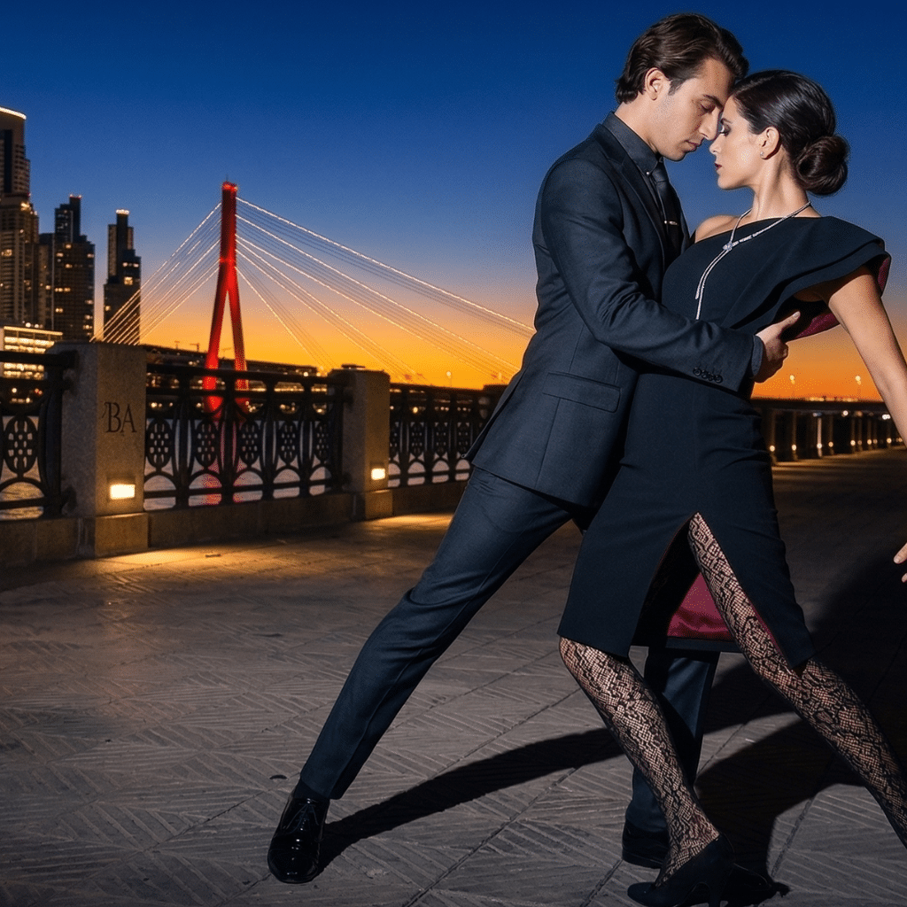 A man and woman in elegant black outfits dance passionately on a riverside promenade at sunset, with a modern suspension bridge and city skyline in the background—capturing the spirit of South America travel.