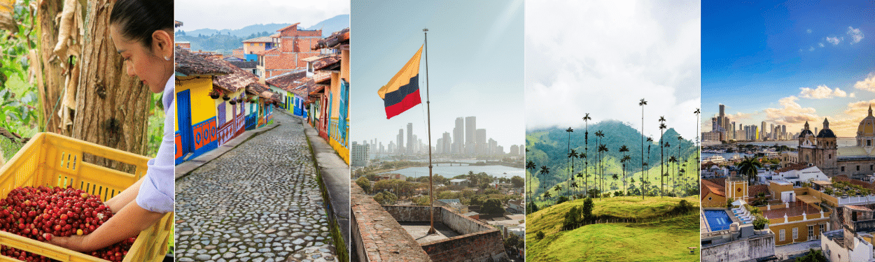A collage showing coffee harvesting, a colorful cobblestone street, Colombia’s flag with a city skyline, tall wax palms in green hills, and a historic cityscape by the sea.