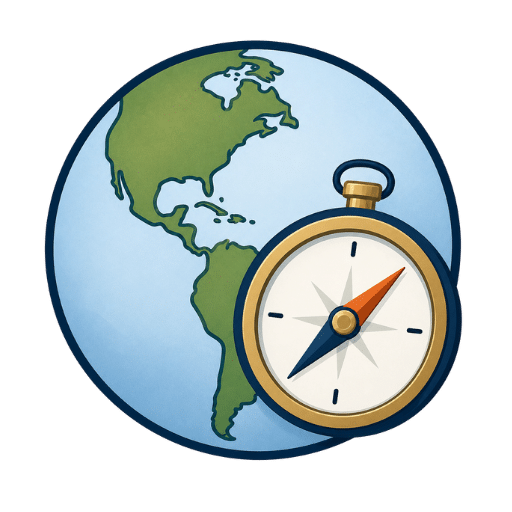 Illustration of a globe showing North and South America, with a gold-rimmed compass placed in the lower right corner, suggesting navigation or exploration of the world.