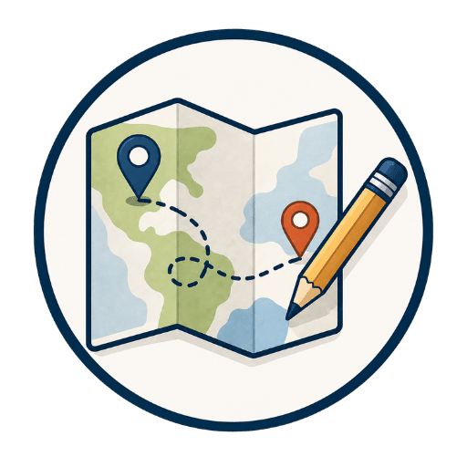 An illustrated map with blue and red location pins connected by a dotted path, next to a pencil, all enclosed in a blue circle.