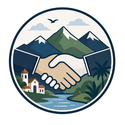 An illustration of two hands shaking in front of a scenic landscape with mountains, a river, a small village, and palm trees, framed in a circular border. A bird flies in the cloudy sky above.
