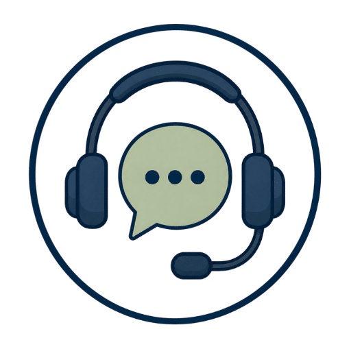 An icon of a headset with microphone surrounding a speech bubble with three dots, all enclosed within a dark blue circle on a light background.