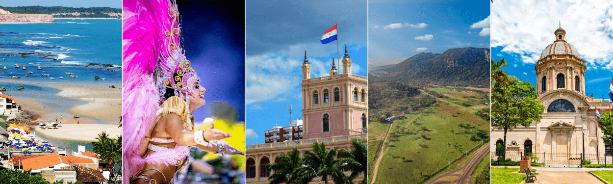 A collage featuring a Brazilian beach, a samba dancer in colorful costume, a historic building with the Paraguayan flag, a scenic green landscape with mountains, and a domed cathedral.
