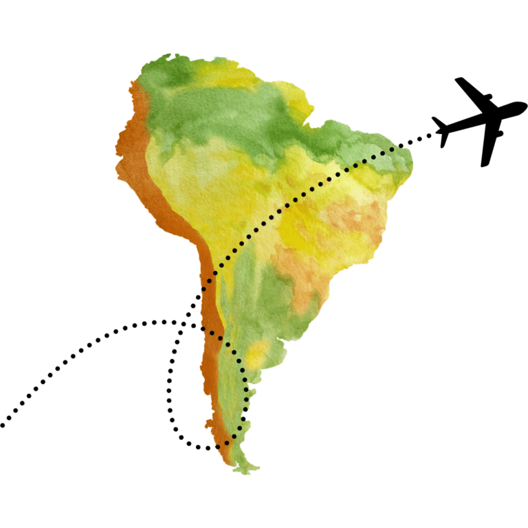 A watercolor map of South America created with Elementor, featuring a dotted line and an airplane departing from the continent’s northwest region. #14770.