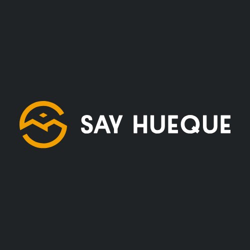 Logo for Say Hueque on a dark background. It features a stylized yellow circular emblem to the left of the company name, which is written in bold, white uppercase letters.