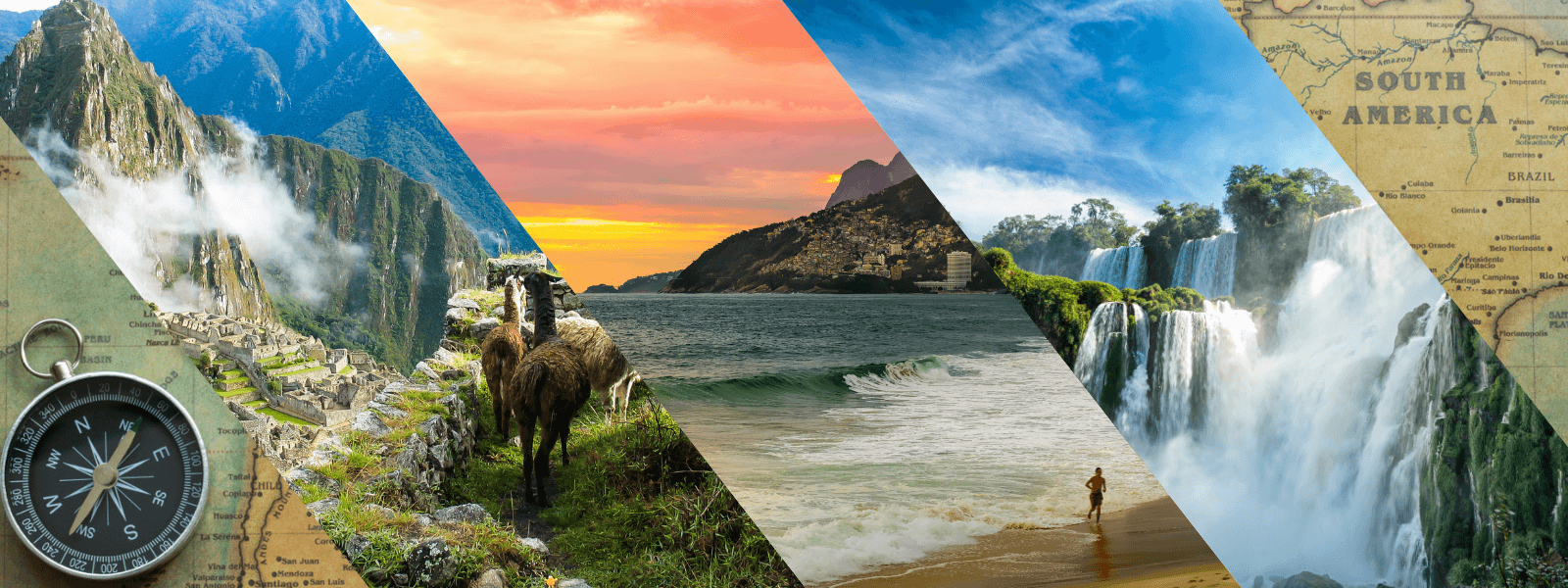 A multi-country collage showing Machu Picchu, llamas by the sea, a person near Iguazu Falls, and sections of a South America map with a compass, illustrating diverse landscapes and destinations.