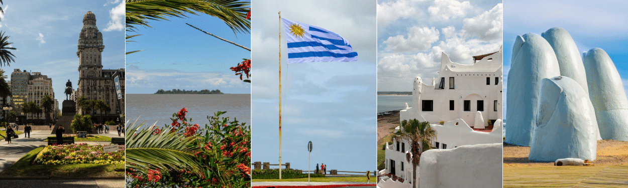 A collage with five images: a city square with a historic tower, tropical plants by a river, the Uruguay flag, white coastal buildings, and a large hand sculpture on a beach.