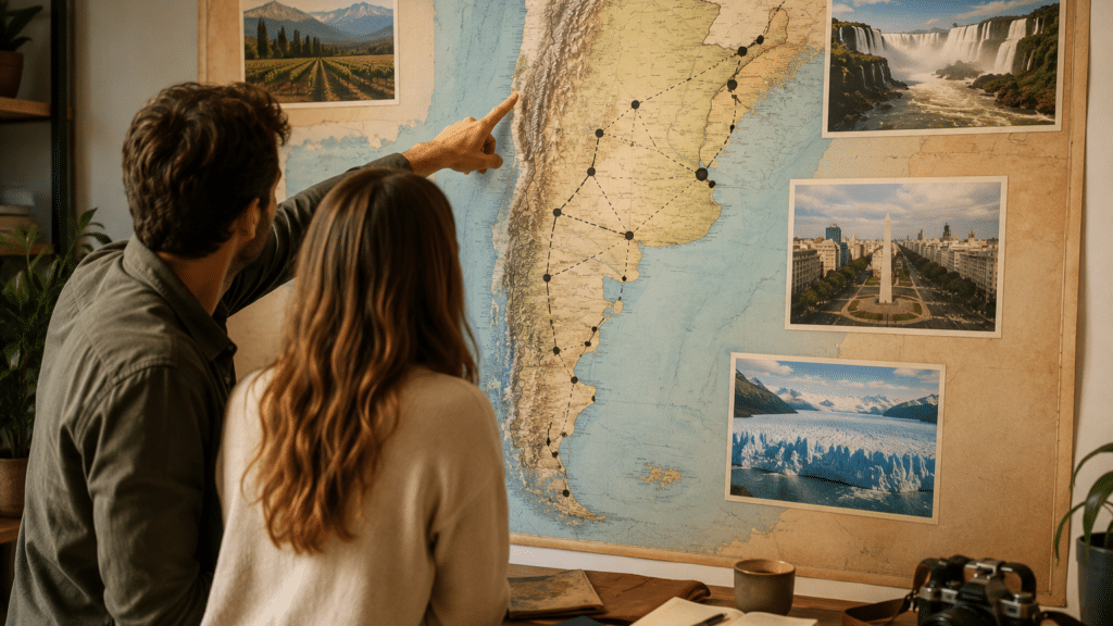 A couple plans their Argentina Trip looking at a wall map. The map has images of Iguazú, Mendoza, Buenos Aires, and Patagonia
