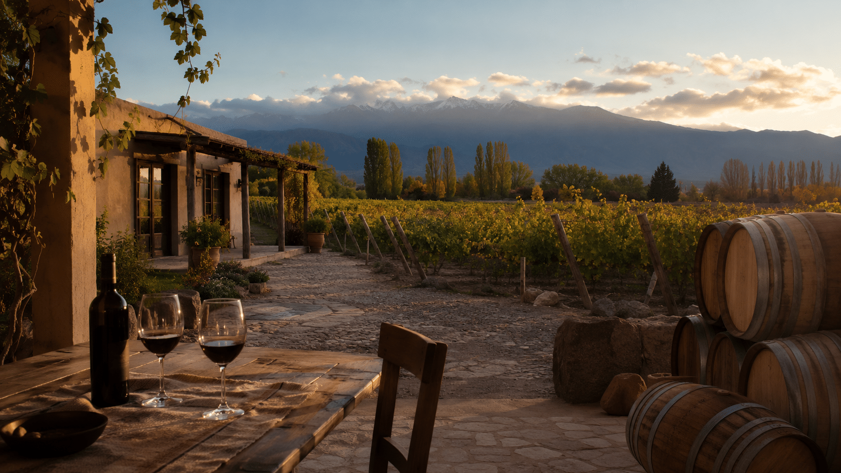Argentina and Malbec. A modest or family-scale Mendoza winery, showing barrels, vines, or tasting activity without looking like a mass-production facility.