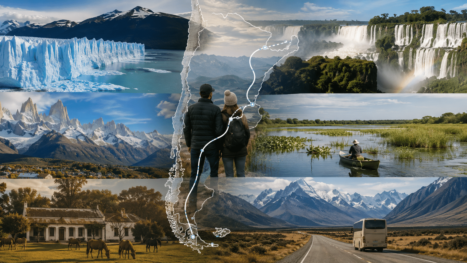 A Argentina collage showing: Perito Moreno Glacier Iguazú Falls El Chaltén Iberá wetlands An estancia An Andes bus route