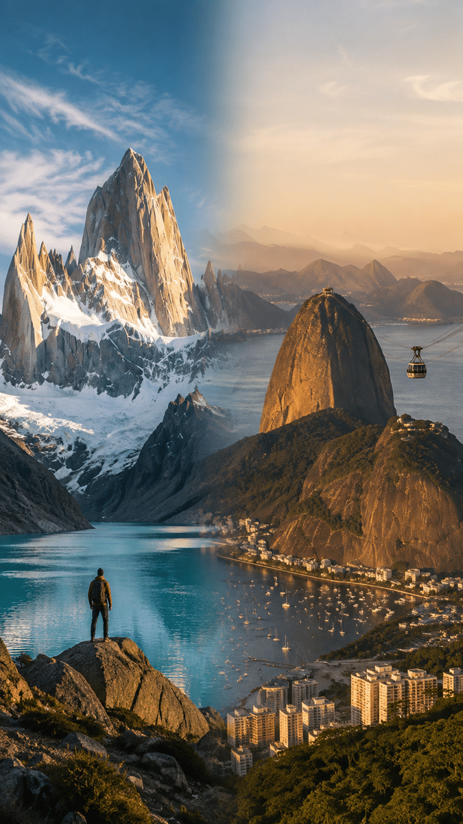 Patagonia mountains in Argentina and Sugarloaf Mountain in Rio de Janeiro, Brazil