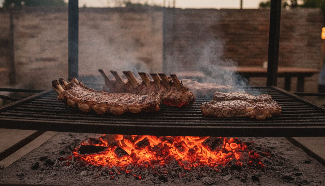 Cuts of beef and short ribs cooking slowly on an Argentine parrilla beside a wood fire