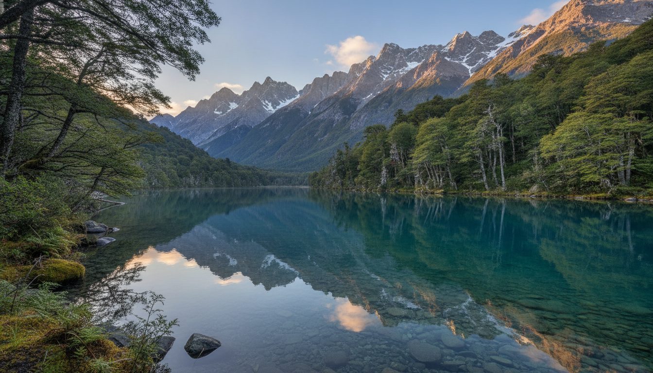 Forested shoreline and clear lake water in the Bariloche lake district of Argentina
