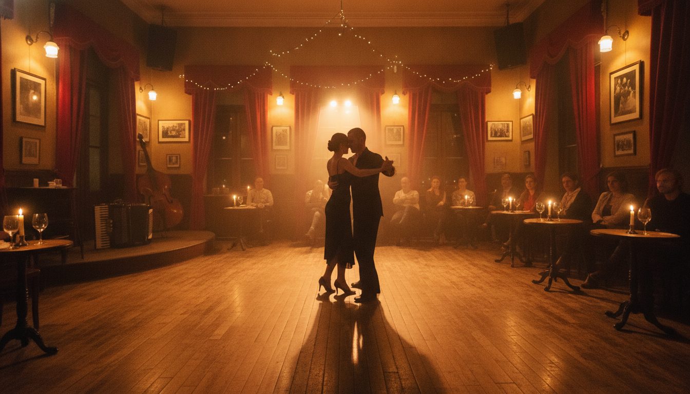 A couple dancing tango on a wooden floor in a Buenos Aires milonga