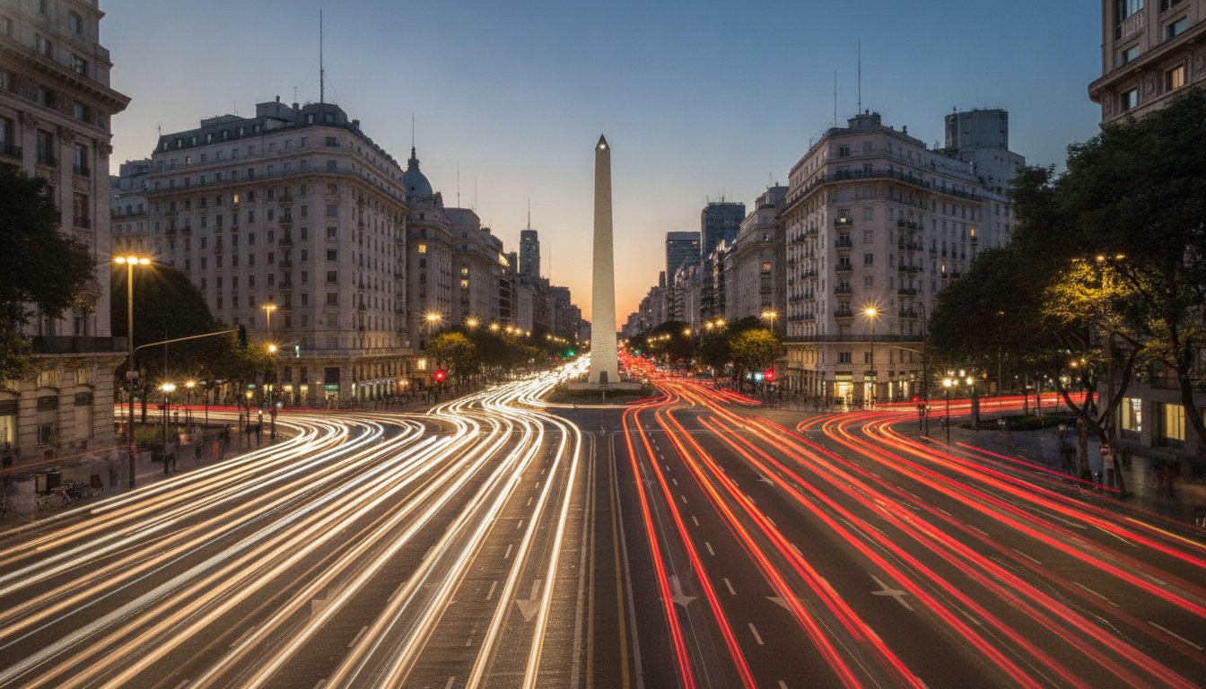 The Obelisco on Avenida 9 de Julio in central Buenos Aires at dusk