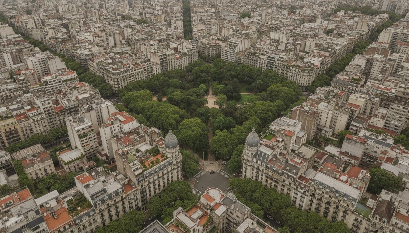 Tree-lined avenue of early 1900s apartment buildings in the Recoleta neighborhood of Buenos Aires