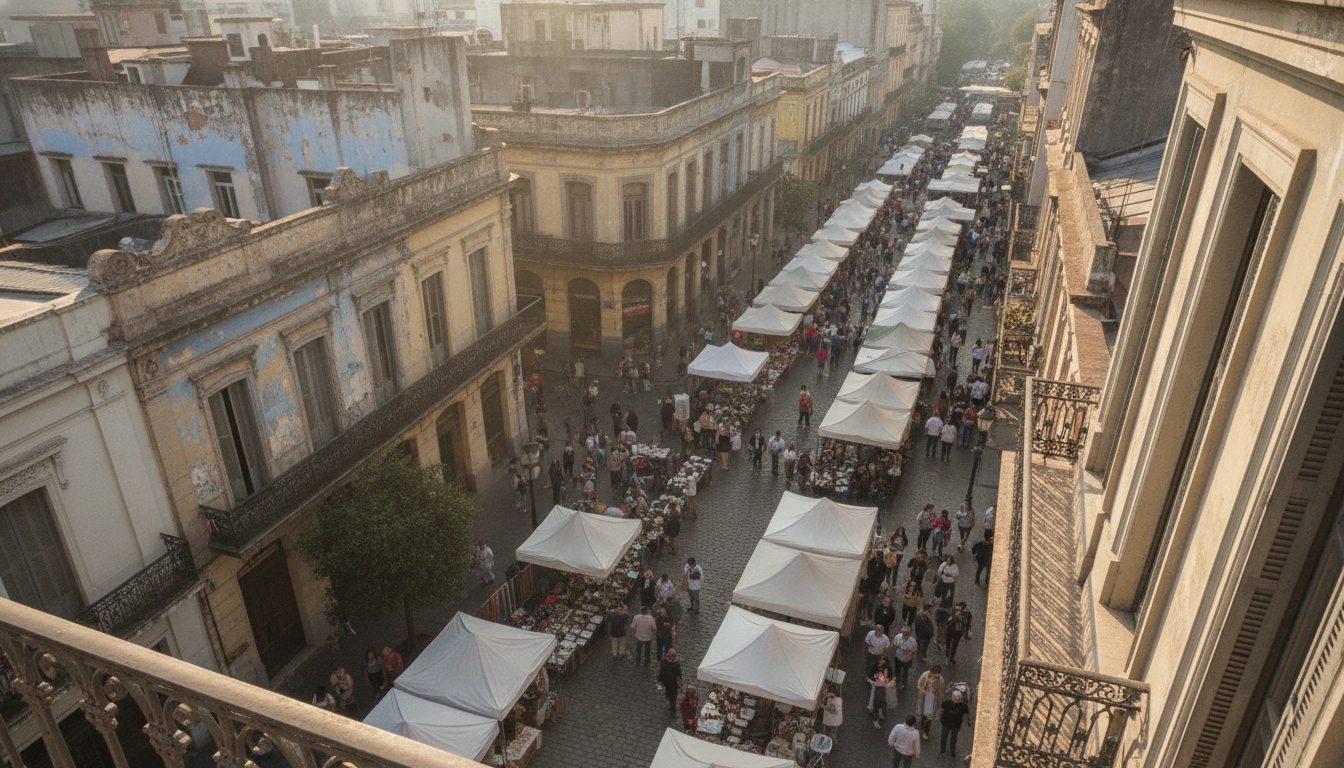 Antique stalls along a cobbled street in San Telmo, Buenos Aires, on a Sunday morning