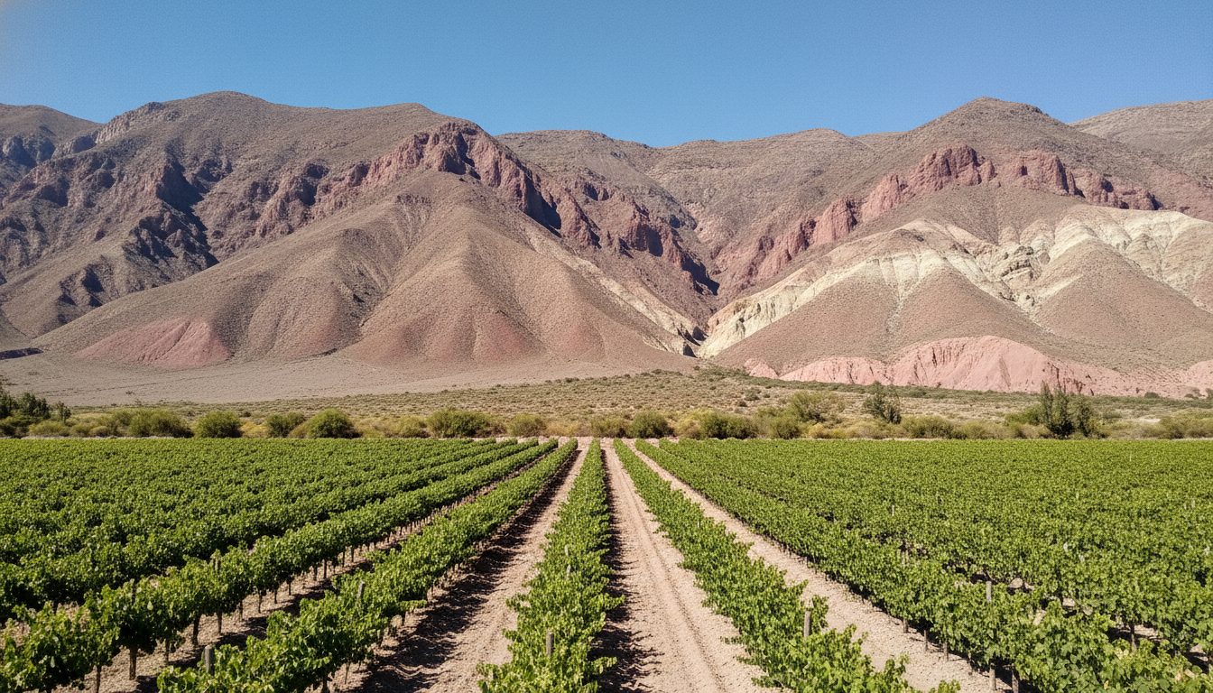 Vineyard rows on the dry valley floor below banded red Andean slopes in the Calchaquí Valleys near Cafayate