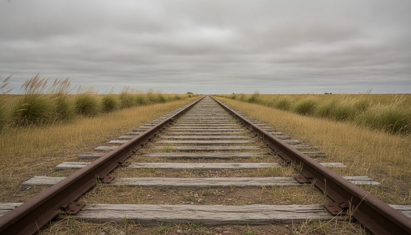 A disused single railway track running across the flat Argentine plain under a wide sky