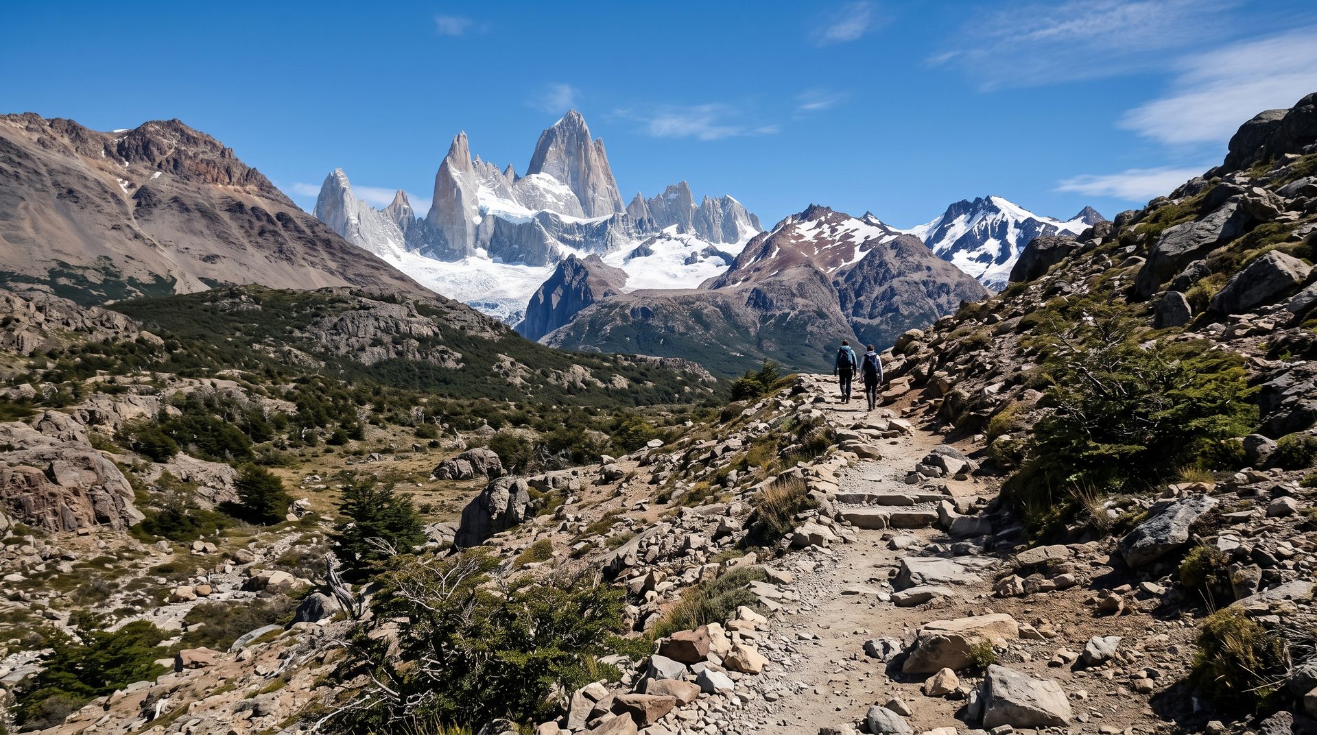 Trail below the granite spires of Monte Fitz Roy near El Chaltén, Argentine Patagonia