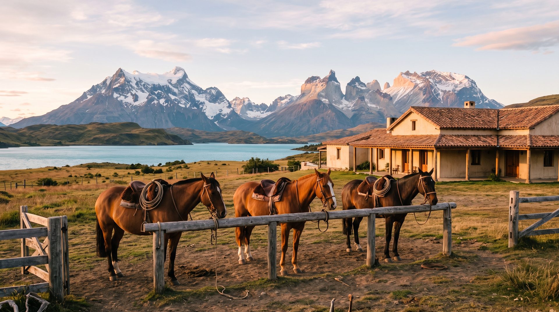 Saddled horses at an estancia in Argentina's Lake District