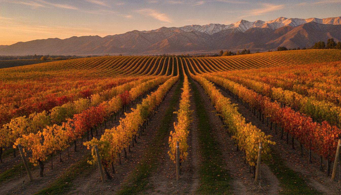 A Luján de Cuyo vineyard in autumn color beneath the Andes