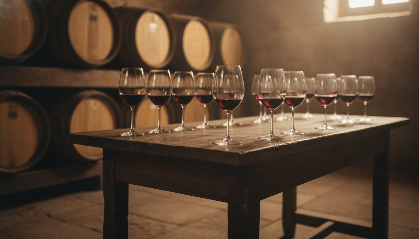 A tasting table set with glasses of Malbec, oak barrels behind