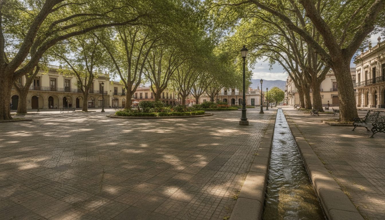 A Mendoza city plaza shaded by plane trees beside an acequia irrigation channel