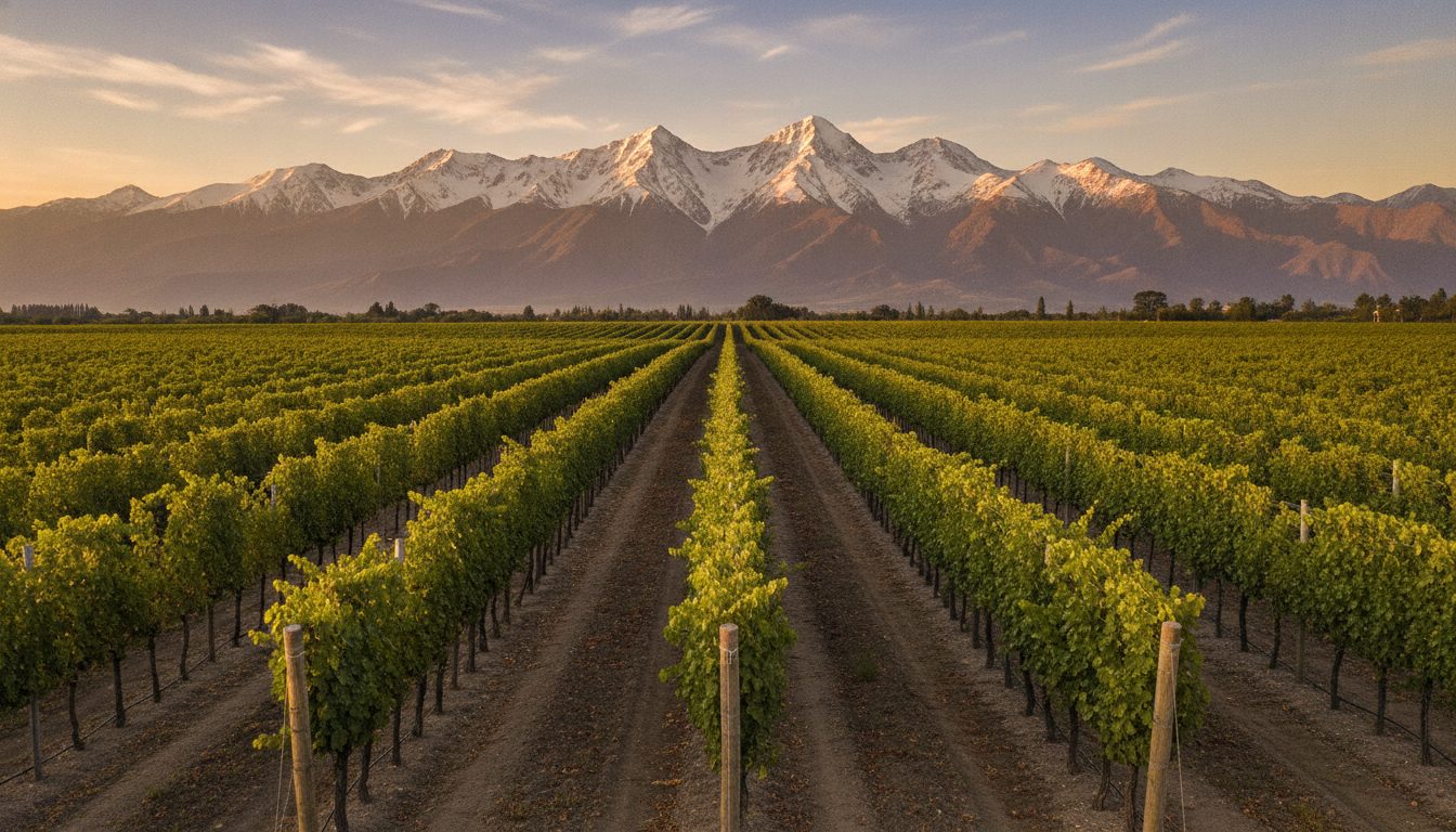 Rows of Mendoza vines with the snow-capped Andes rising behind them