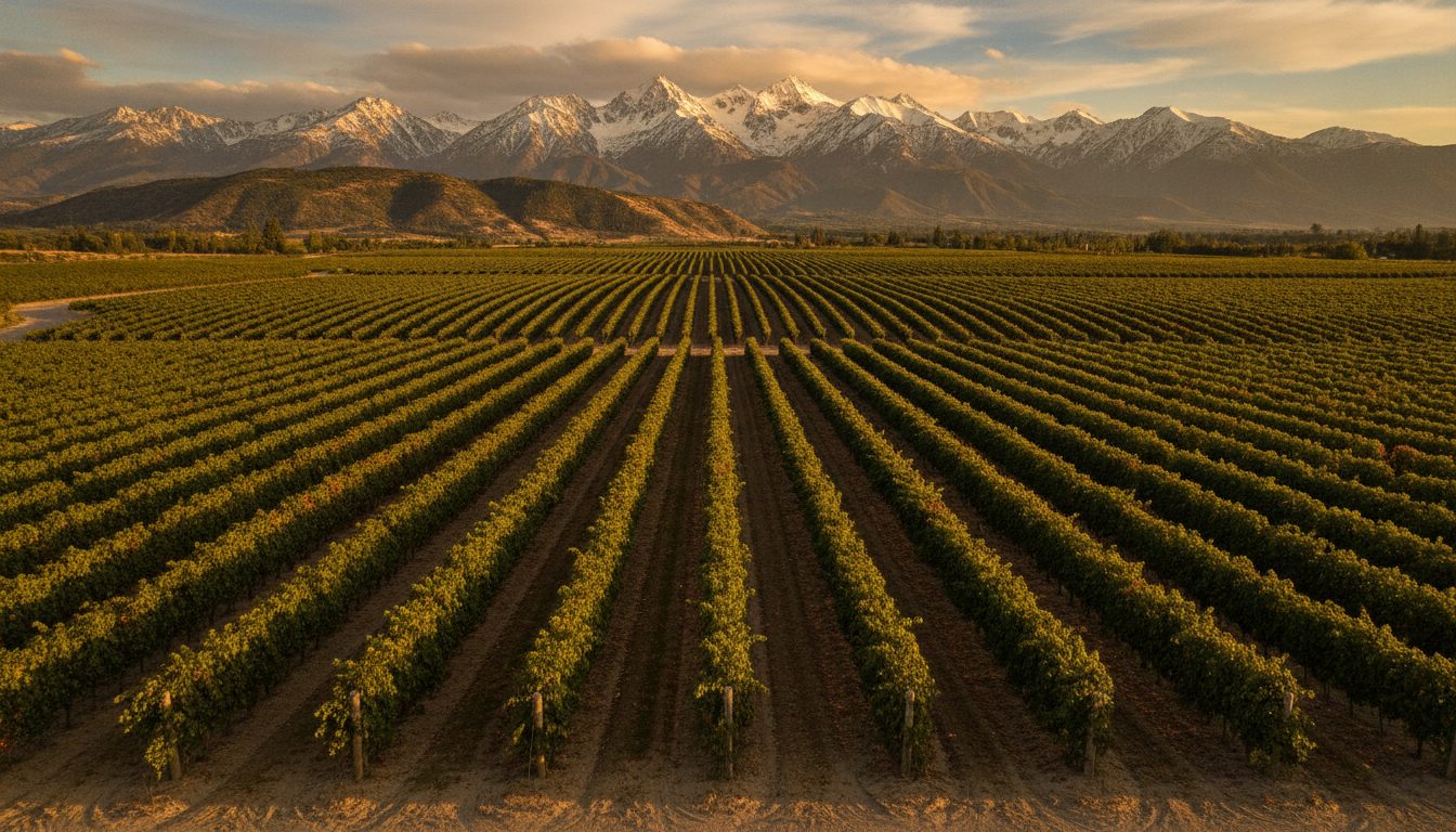 Rows of vines below the snow-capped Andes in the Mendoza wine country of Argentina