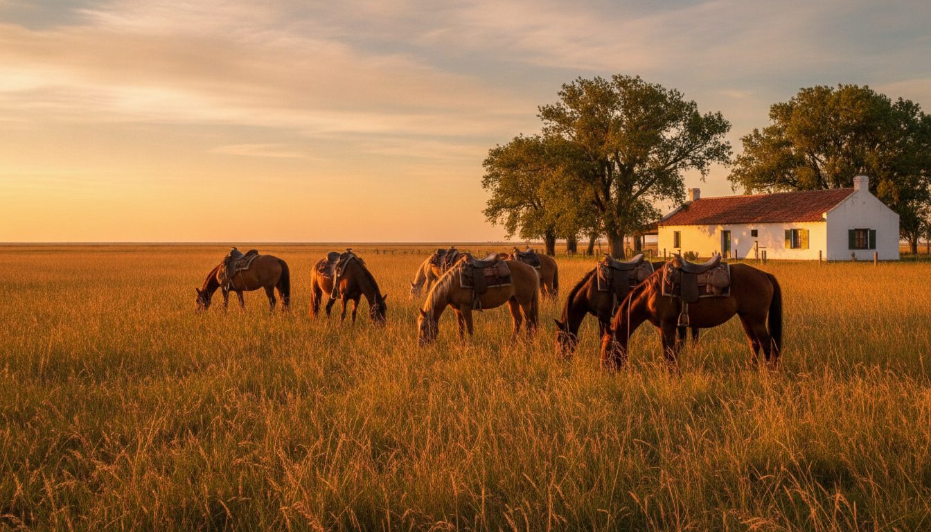 Saddled horses grazing on the pampas beside a whitewashed estancia house outside Buenos Aires