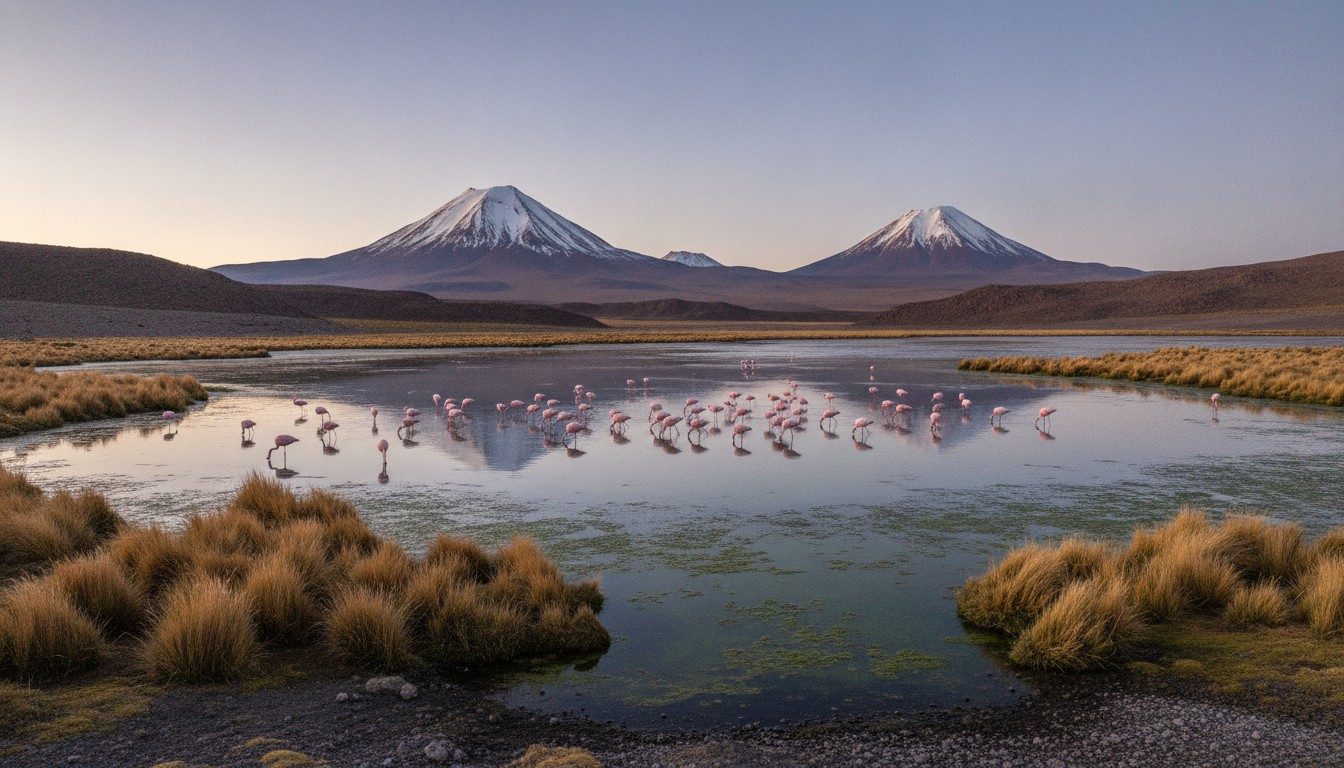 Flamingos standing in a shallow altiplano lagoon at dawn with distant volcanoes on the horizon